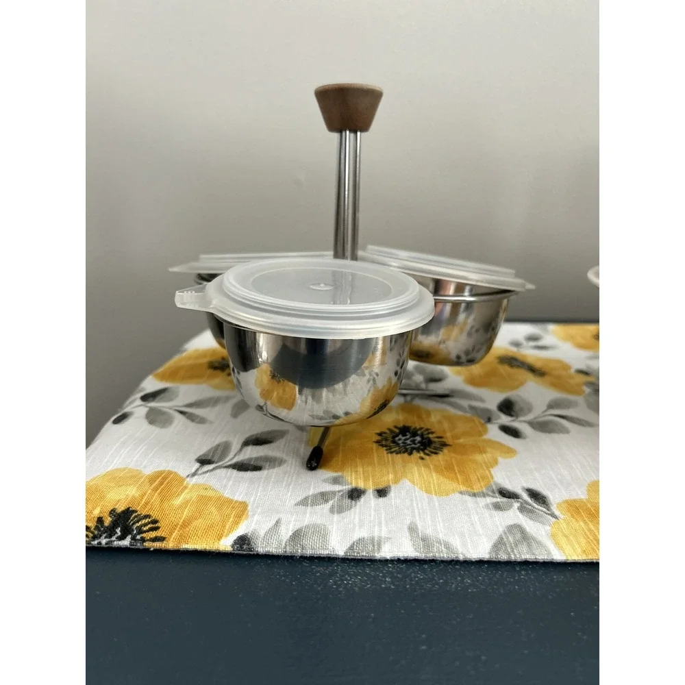 Mid Century Condiment Server 3 Stainless Bowls‎ w/ lid Wood Handle vintage retro